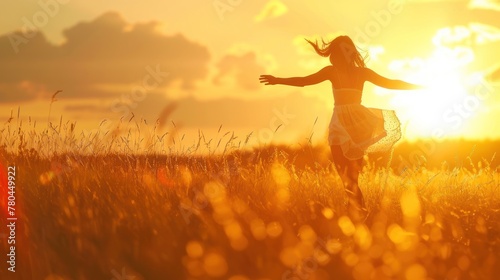 Free girl runs happily through meadow in grass in rays of sunset. Concept of female dreams  success  travel  flight.