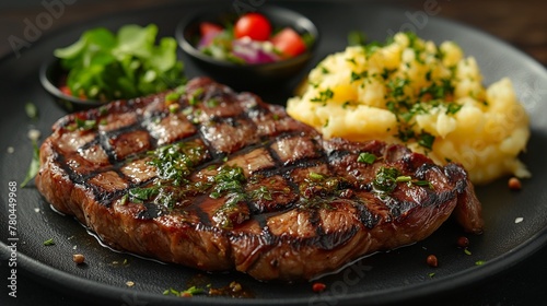 a steak, mashed potatoes and a salad on a plate