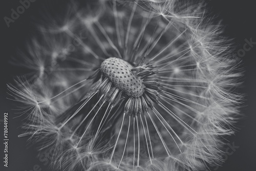 Grayscale macro shot of dandelion seeds before the gray background