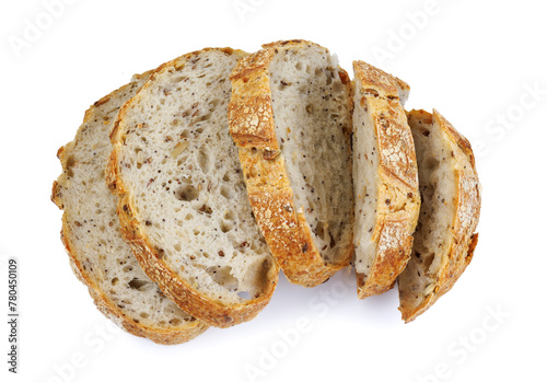 Loaf of bread cut into pieces isolated on a white background. pieces of bread. Art bread.