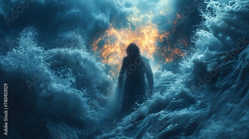 a man is in the middle of the ocean as a lot of water comes out photo