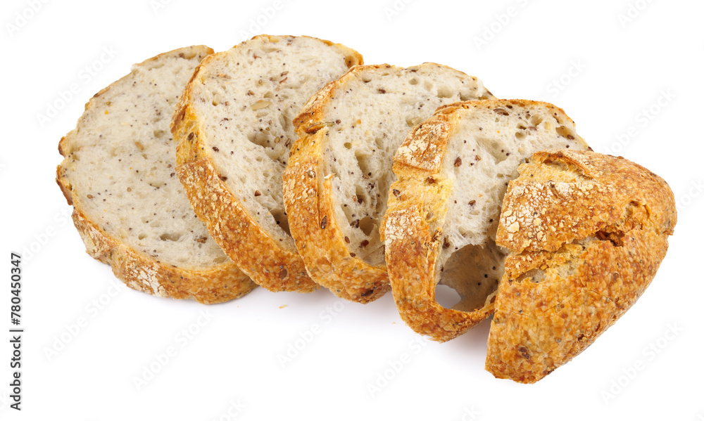 Loaf of bread cut into pieces isolated on a white background. pieces of bread. Art bread.