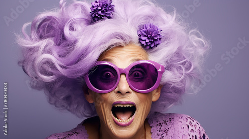 An elderly woman with glasses portrait in lavender purple tones  flowers makeup and spring mood at grandma s