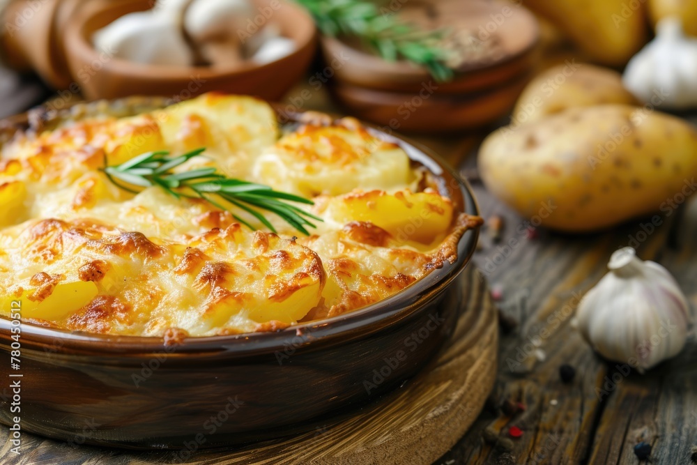 Delicious Homemade Potato Gratin with Creamy Cheese - Healthy and Appetizing Meal Closeup Delicious Homemade Potato Gratin with Creamy Cheese - Healthy and Appetizing Meal Closeup