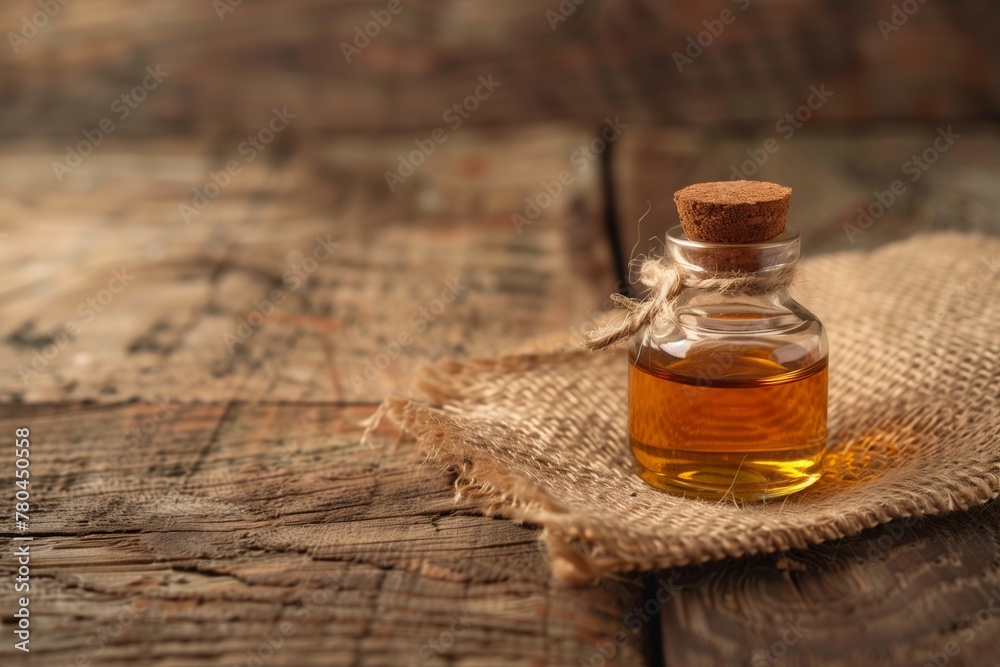 small bottle of syrup with cork on wooden table and hessting