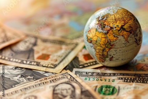 Macro shot of us currency and a miniature globe, representing global financial markets photo