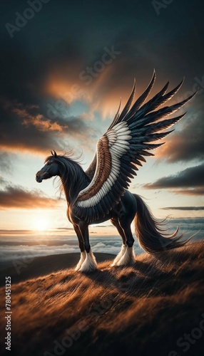 Majestic Winged Horse Overlooking a Sunset Horizon - AI Generated Digital Art