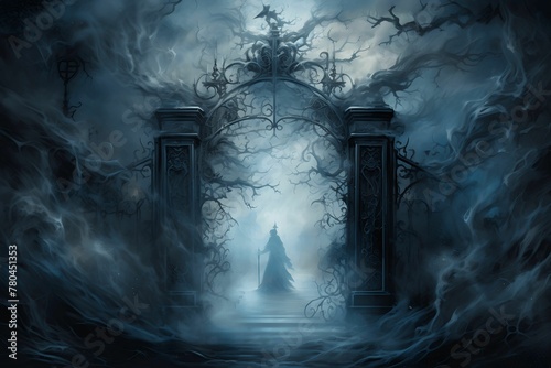 AI generated illustration of an old gate shrouded in a thick mist with a ghost in the background