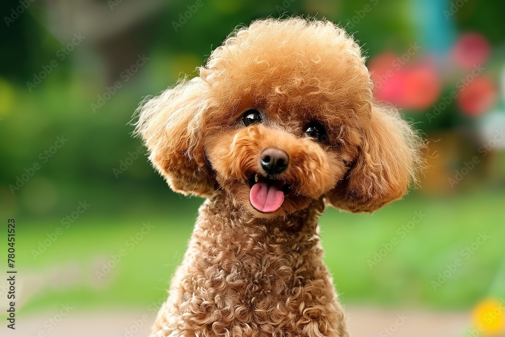 Brown Doodle puppy staying in garden