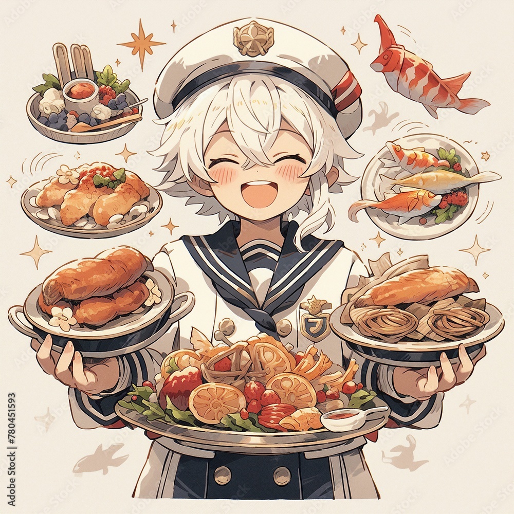 AI generated illustration of an anime girl in uniform holding plates of food