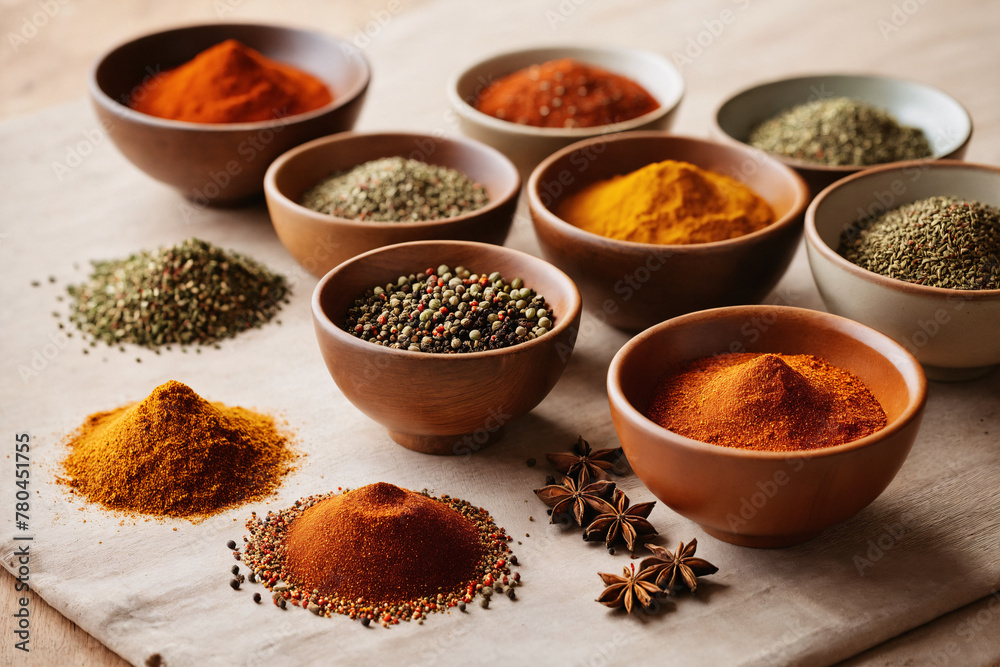 AI generated illustration of assorted spices in bowls on a wooden table AI generated illustration of assorted spices in bowls on a wooden table