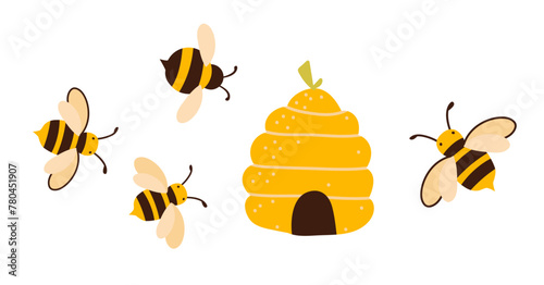 Colorful cute vector cartoon illustration set with bees