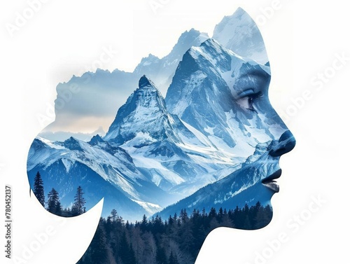Double exposure artwork blending a serene female profile with majestic mountain scenery