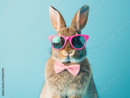 Funny easter concept holiday animal celebration greeting card: Cool easter bunny, rabbit with pink sunglasses and bow tie, isolated on blue background