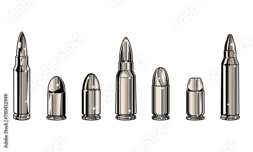 Set collections of retro metallic silver bullets. Isolated clip art