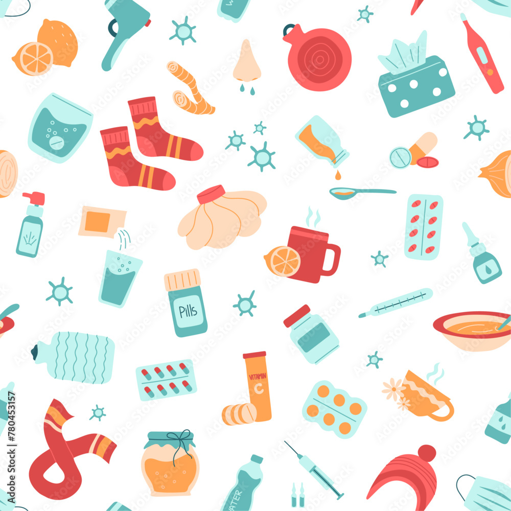 Seamless pattern of medicines for treatment of cold or flu. Continuous print of pills, tablets, sprays, drops, for fever, viral diseases, illness. Isolated vector illustration Seamless pattern of medicines for treatment of cold or flu. Continuous print of pills, tablets, sprays, drops, for fever, viral diseases, illness. Isolated vector illustration