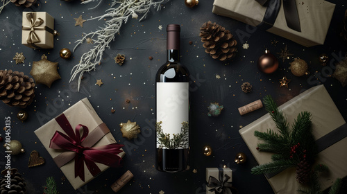 Top view of a wine bottle among branches, baubles, gifts, and holiday elements, ideal for Christmas and festive advertisements