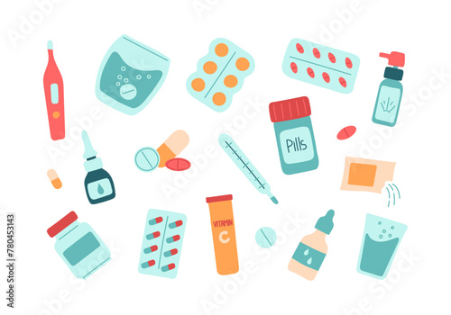 Set of icons of pills, tablets, sprays, drops. Medicines for flu and colds, fever, viruses and bacteria. Treatment with medications.  Isolated vector flat illustration