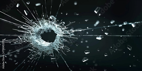 bullet hole in glass with cracks on black background