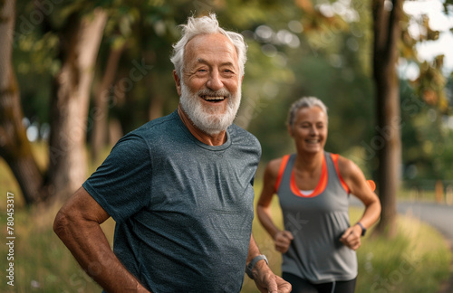 Active Senior Couple Enjoying Jogging Together in the Park