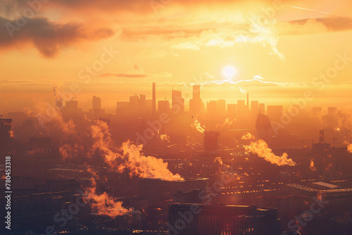 Sunrise Over City Skyline Shrouded in Air Pollution