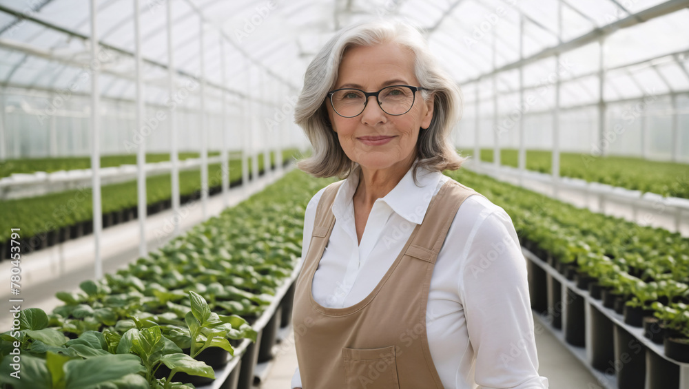 AI generated illustration of an elderly woman in a spacious greenhouse AI generated illustration of an elderly woman in a spacious greenhouse