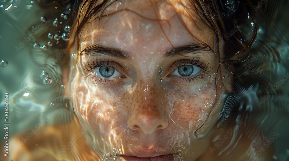 a person's face under water looking directly out into the water a person's face under water looking directly out into the water