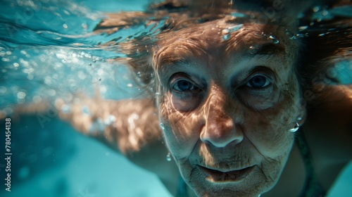 an older woman in the water looking into camera and smiling
