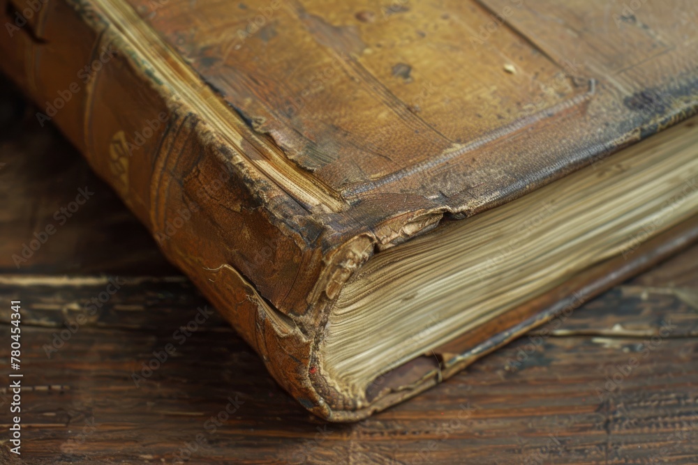 an old leather book that is sitting on top of a wooden table an old leather book that is sitting on top of a wooden table