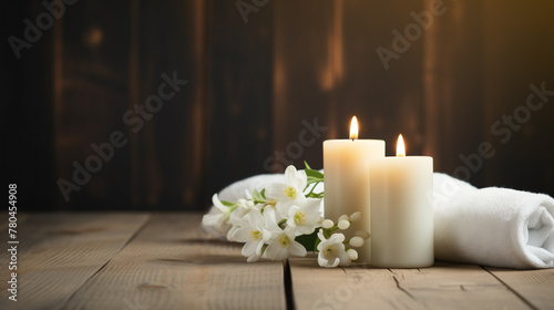 Serene spa setting with candles, fresh white flowers, and towels on a wooden table.