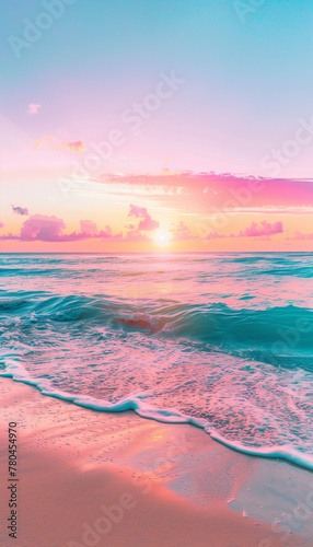 Pastel Sunset Over Tranquil Ocean Waves on Beach, summer concept