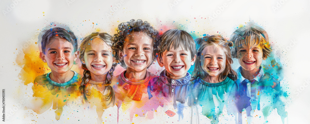  Children's Laughter in Watercolors: Artistic Portrait of Joyful Young Faces