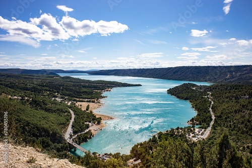 Beautiful view of the man-made Lake of Sainte-Croix on a sunny day in southeastern France photo