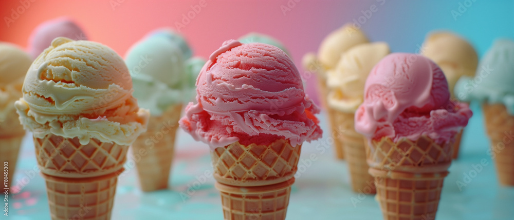 Colorful Ice Cream Cones Lined Up in Summer Light