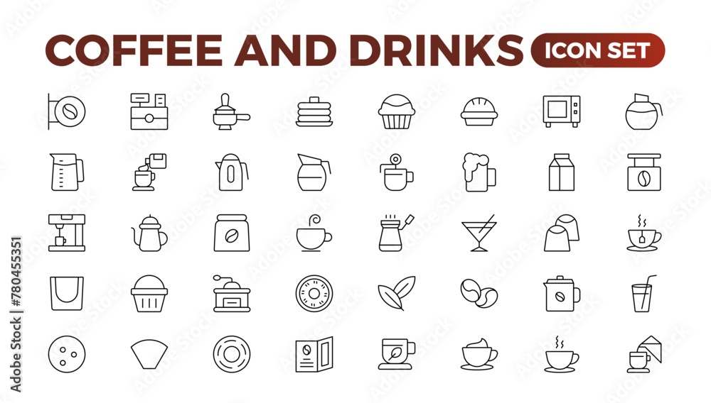 Set of coffee shop Icons. Simple line art style icons pack. Vector illustration.Coffee icons. Beans, hot cocktail and maker machine. Espresso cup, cappuccino with whipped cream Latte vending machine. Set of coffee shop Icons. Simple line art style icons pack. Vector illustration.Coffee icons. Beans, hot cocktail and maker machine. Espresso cup, cappuccino with whipped cream Latte vending machine.