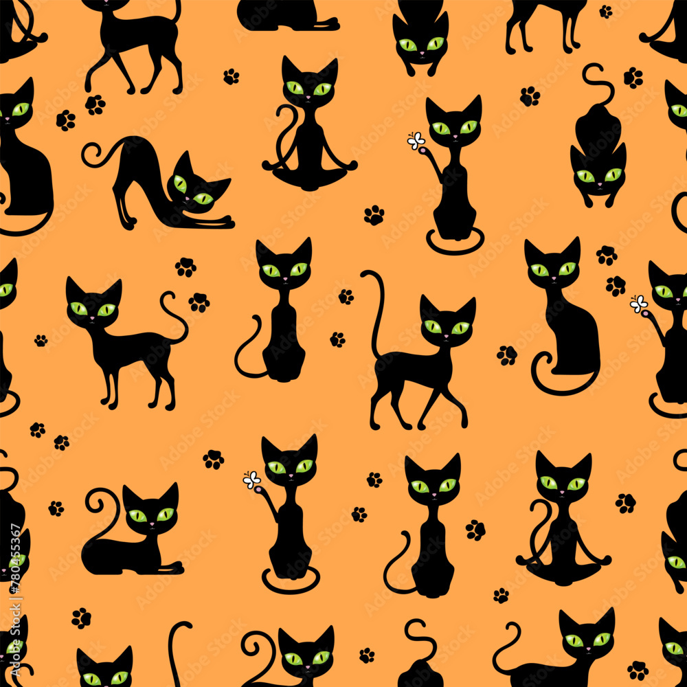 Black cat, seamless pattern, yellow background, print, paper, fabric, wallpaper, textile, illustration, vector