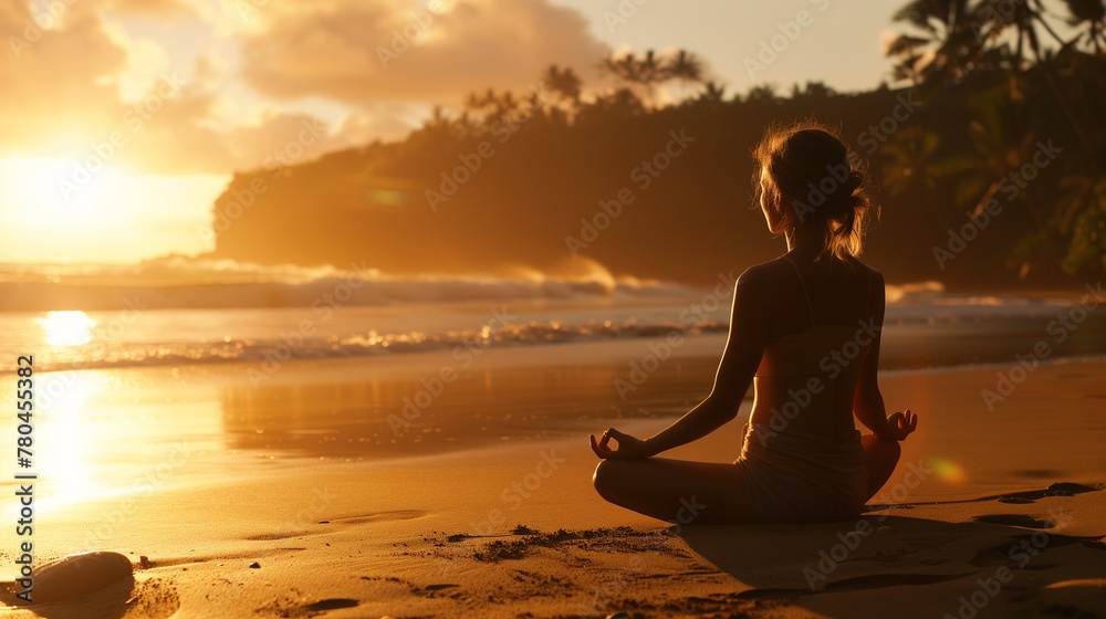 Peaceful Meditation on Sunny Beach at Sunset