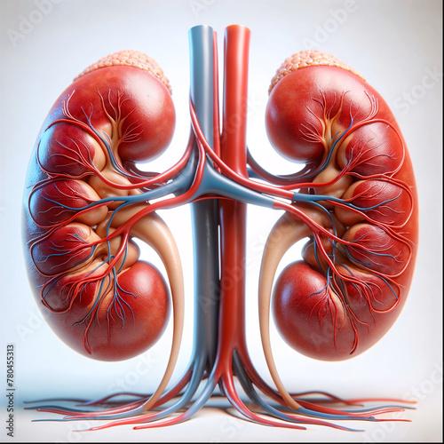 AI generated illustration of human kidneys and their surrounding vascular system