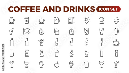 Set of coffee shop Icons. Simple line art style icons pack. Vector illustration.Coffee icons. Beans, hot cocktail and maker machine. Espresso cup, cappuccino with whipped cream Latte vending machine.