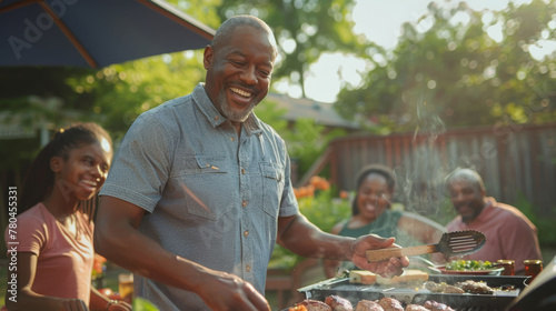 Joyful family gathering for a backyard barbecue, senior man grilling with laughter and togetherness photo