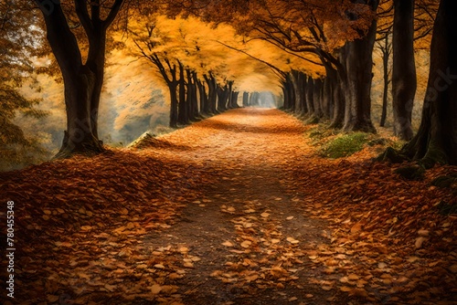 A rural path  where every step is cushioned by a carpet of fallen leaves.