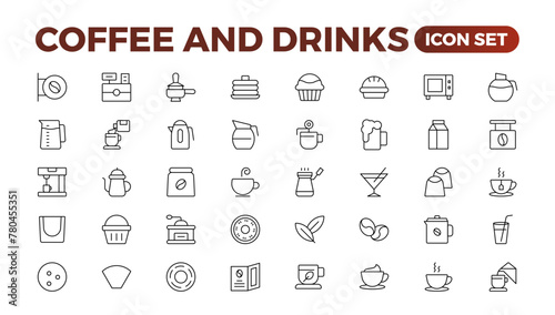 Set of coffee shop Icons. Simple line art style icons pack. Vector illustration.Coffee icons. Beans, hot cocktail and maker machine. Espresso cup, cappuccino with whipped cream Latte vending machine.