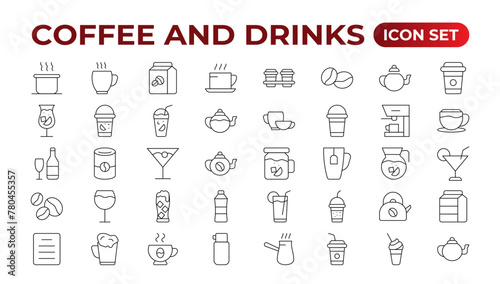 Set of coffee shop Icons. Simple line art style icons pack. Vector illustration.Coffee icons. Beans, hot cocktail and maker machine. Espresso cup, cappuccino with whipped cream Latte vending machine.