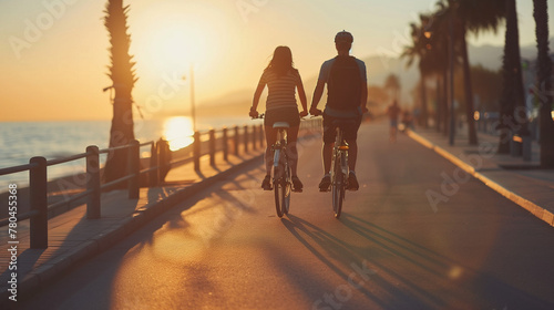 Couple Biking Together at Sunset on Coastal Path