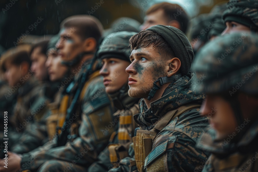 Determined soldiers sitting in a row with one standing out, in contemplative profile view