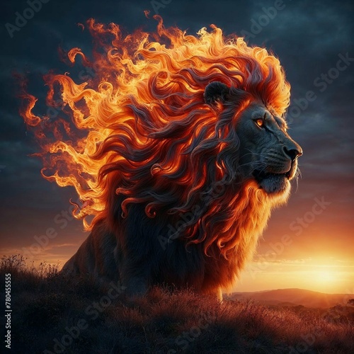 Fiery Mane Lion at Dusk - AI Generated Digital Art
