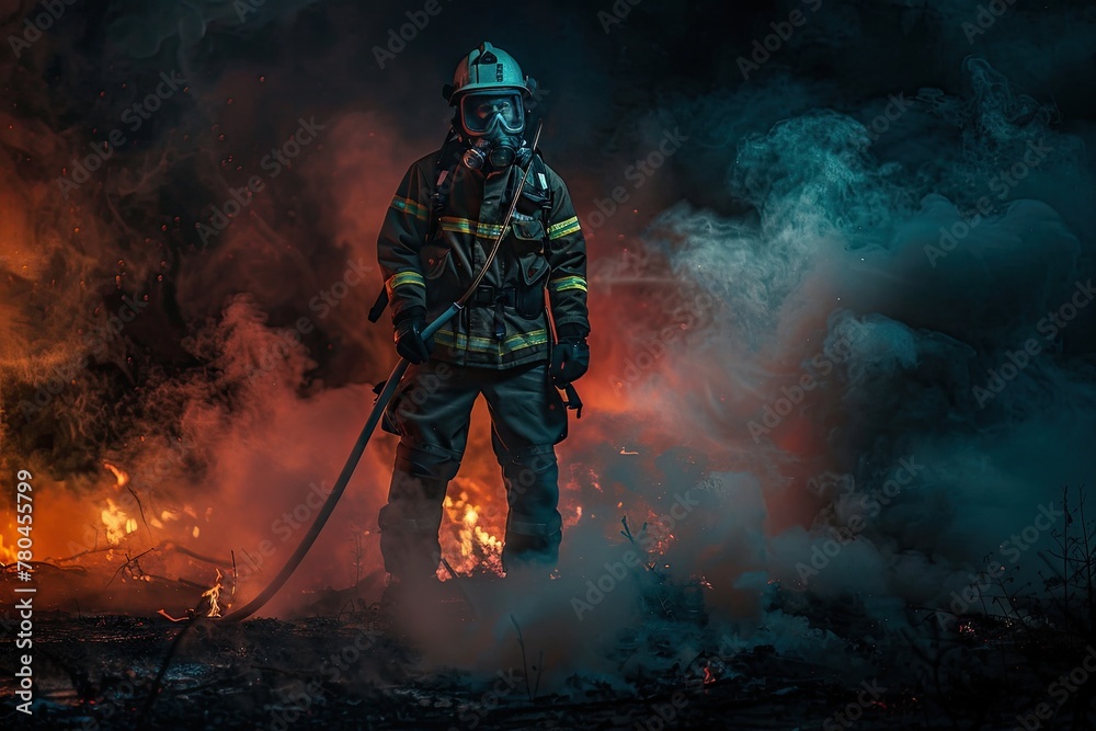 A firefighter in a fiery hearth is fighting the fire with a hose.