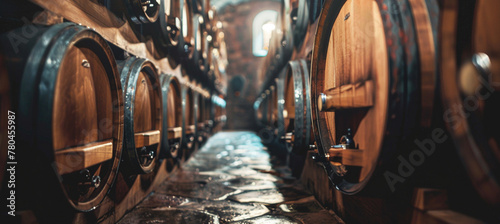 Traditional Wine Cellar With Wooden Barrels Lined Up
