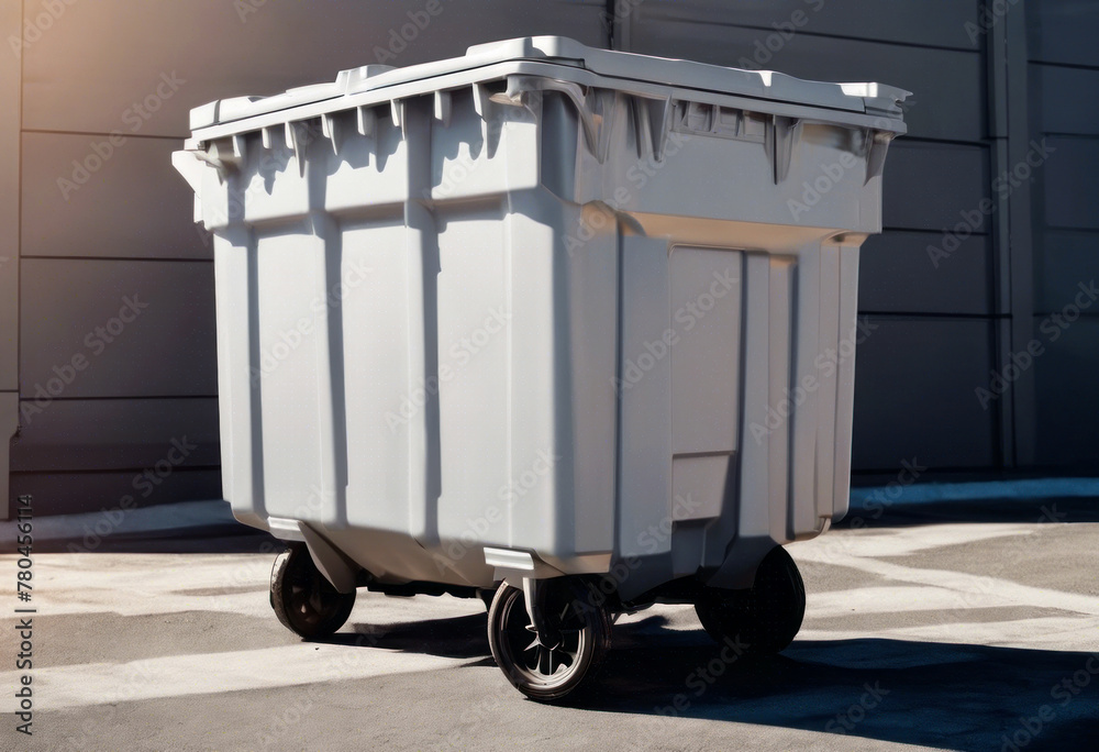 a white and black trash can on wheels near building in the sun a white and black trash can on wheels near building in the sun