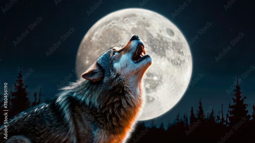 AI generated illustration of a wolf barking at the moon - obrazy, fototapety, plakaty 